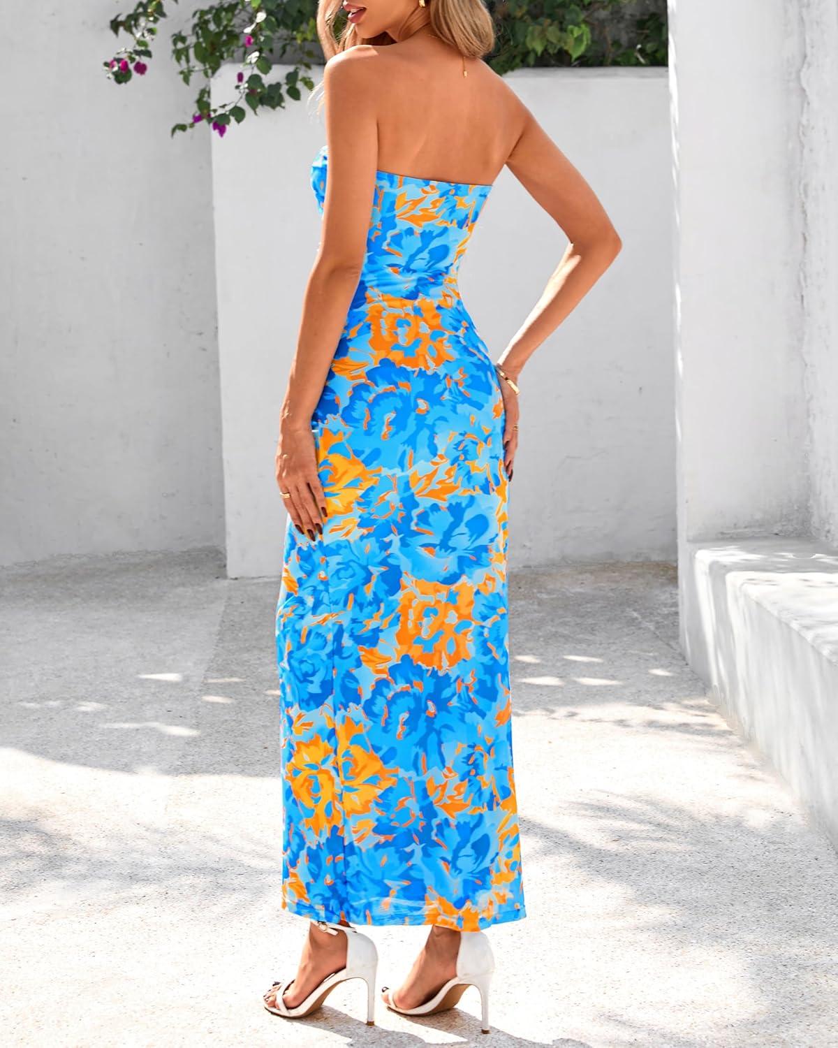 imageBTFBM Womens Floral Maxi Dresses Summer 2026 Strapless Tube Bodycon Mesh Layered Cocktail Party Wedding Guest DressFloral Blue