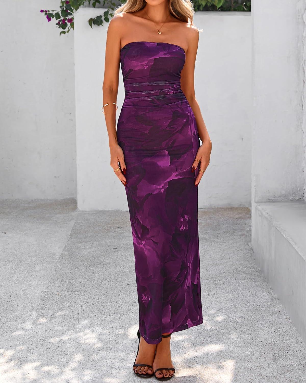 imageBTFBM Womens Floral Maxi Dresses Summer 2026 Strapless Tube Bodycon Mesh Layered Cocktail Party Wedding Guest DressFloral Purple