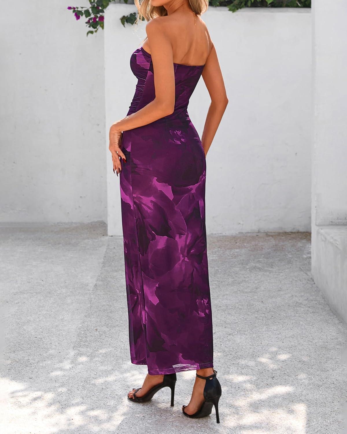 imageBTFBM Womens Floral Maxi Dresses Summer 2026 Strapless Tube Bodycon Mesh Layered Cocktail Party Wedding Guest DressFloral Purple