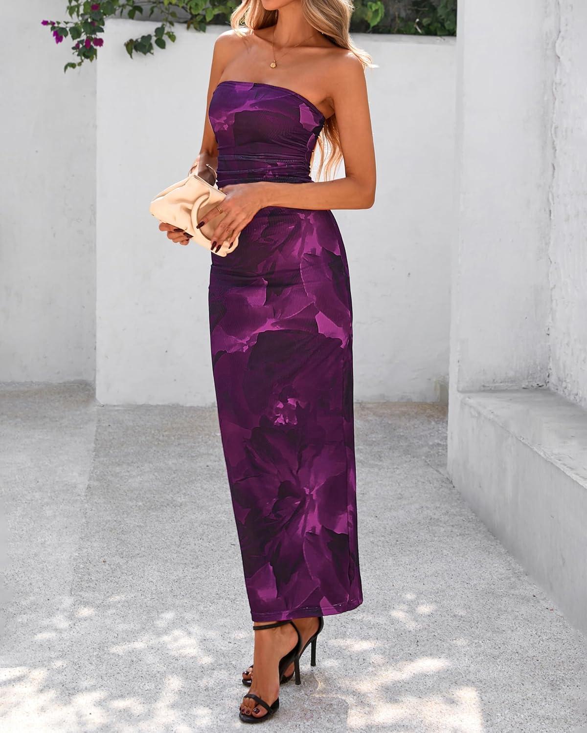 imageBTFBM Womens Floral Maxi Dresses Summer 2026 Strapless Tube Bodycon Mesh Layered Cocktail Party Wedding Guest DressFloral Purple