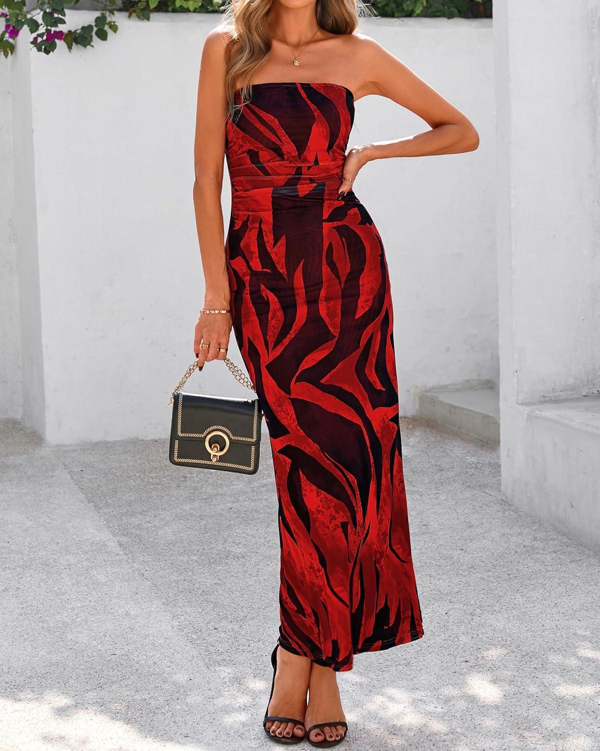 imageBTFBM Womens Floral Maxi Dresses Summer 2026 Strapless Tube Bodycon Mesh Layered Cocktail Party Wedding Guest DressFloral Red