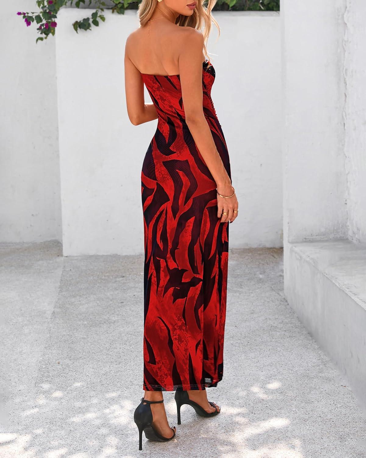 imageBTFBM Womens Floral Maxi Dresses Summer 2026 Strapless Tube Bodycon Mesh Layered Cocktail Party Wedding Guest DressFloral Red