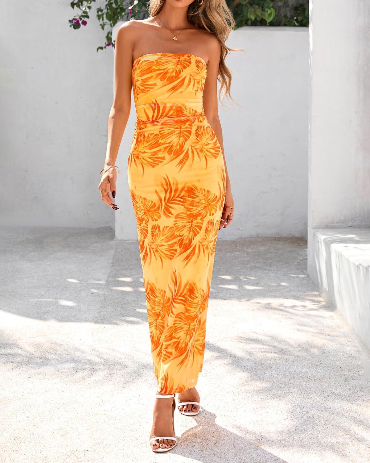 imageBTFBM Womens Floral Maxi Dresses Summer 2026 Strapless Tube Bodycon Mesh Layered Cocktail Party Wedding Guest DressLeaves Yellow