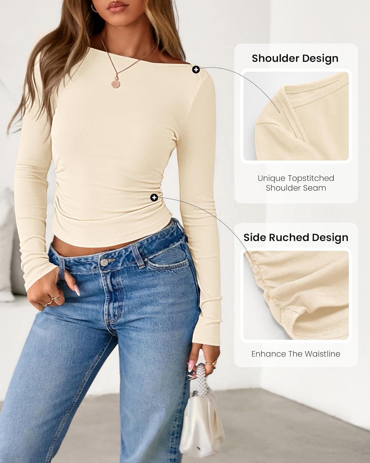 imageBTFBM Womens Long Sleeve T Shirts Spring Clothes 2026 Ribbed Slim Fit Boat Neck Casual Going Out Tops Workout OutfitsBeige