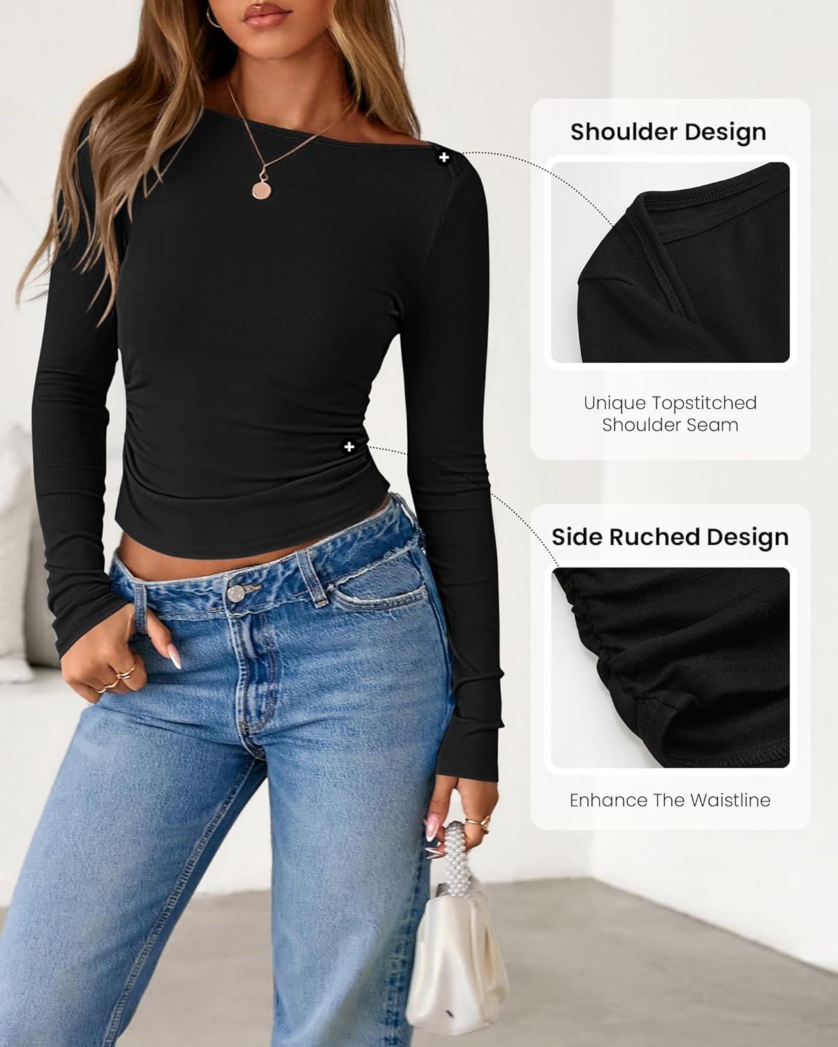 imageBTFBM Womens Long Sleeve T Shirts Spring Clothes 2026 Ribbed Slim Fit Boat Neck Casual Going Out Tops Workout OutfitsBlack