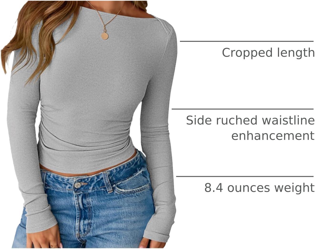 imageBTFBM Womens Long Sleeve T Shirts Spring Clothes 2026 Ribbed Slim Fit Boat Neck Casual Going Out Tops Workout OutfitsGrey