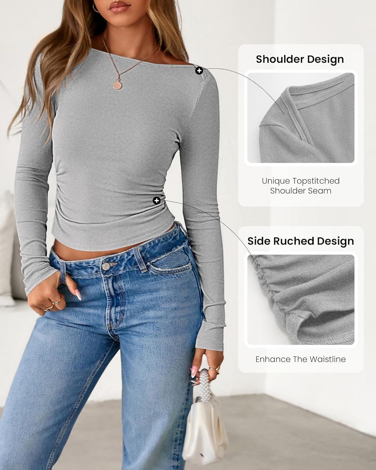 imageBTFBM Womens Long Sleeve T Shirts Spring Clothes 2026 Ribbed Slim Fit Boat Neck Casual Going Out Tops Workout OutfitsGrey