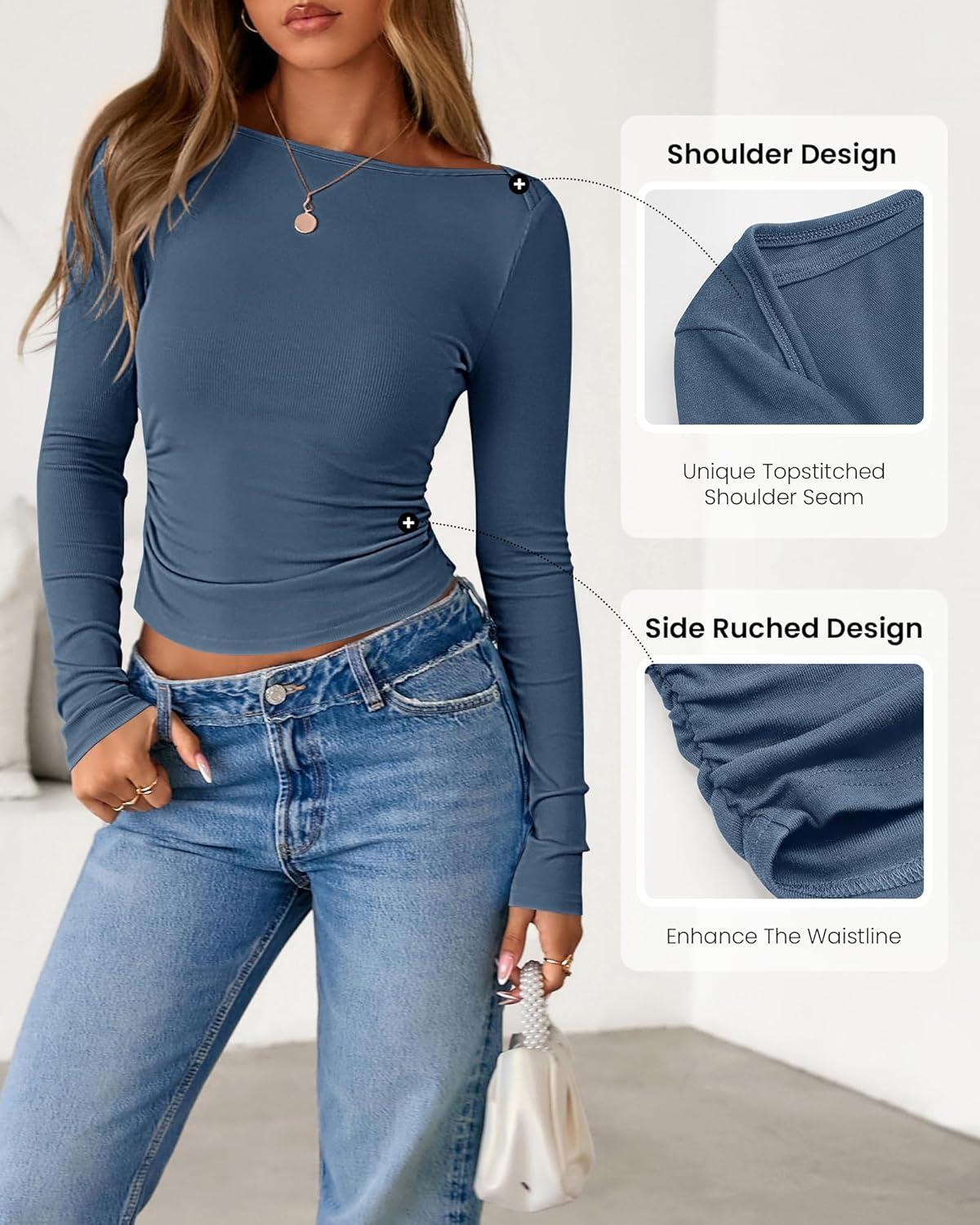 imageBTFBM Womens Long Sleeve T Shirts Spring Clothes 2026 Ribbed Slim Fit Boat Neck Casual Going Out Tops Workout OutfitsGrey Blue