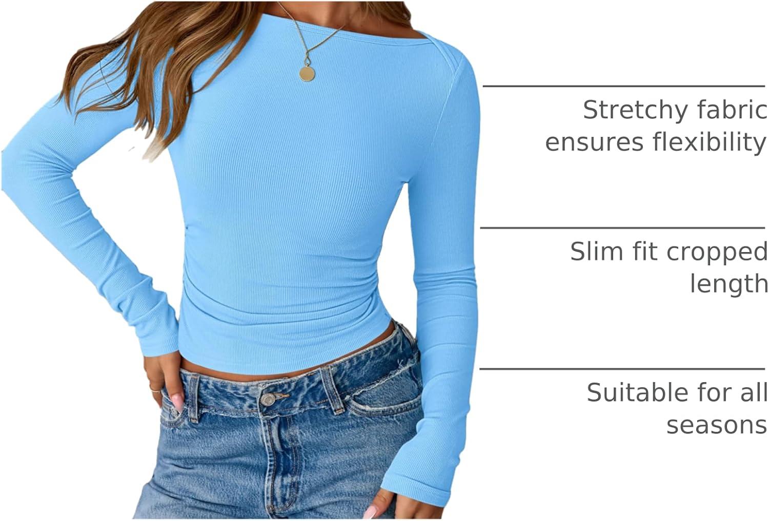 imageBTFBM Womens Long Sleeve T Shirts Spring Clothes 2026 Ribbed Slim Fit Boat Neck Casual Going Out Tops Workout OutfitsLight Blue
