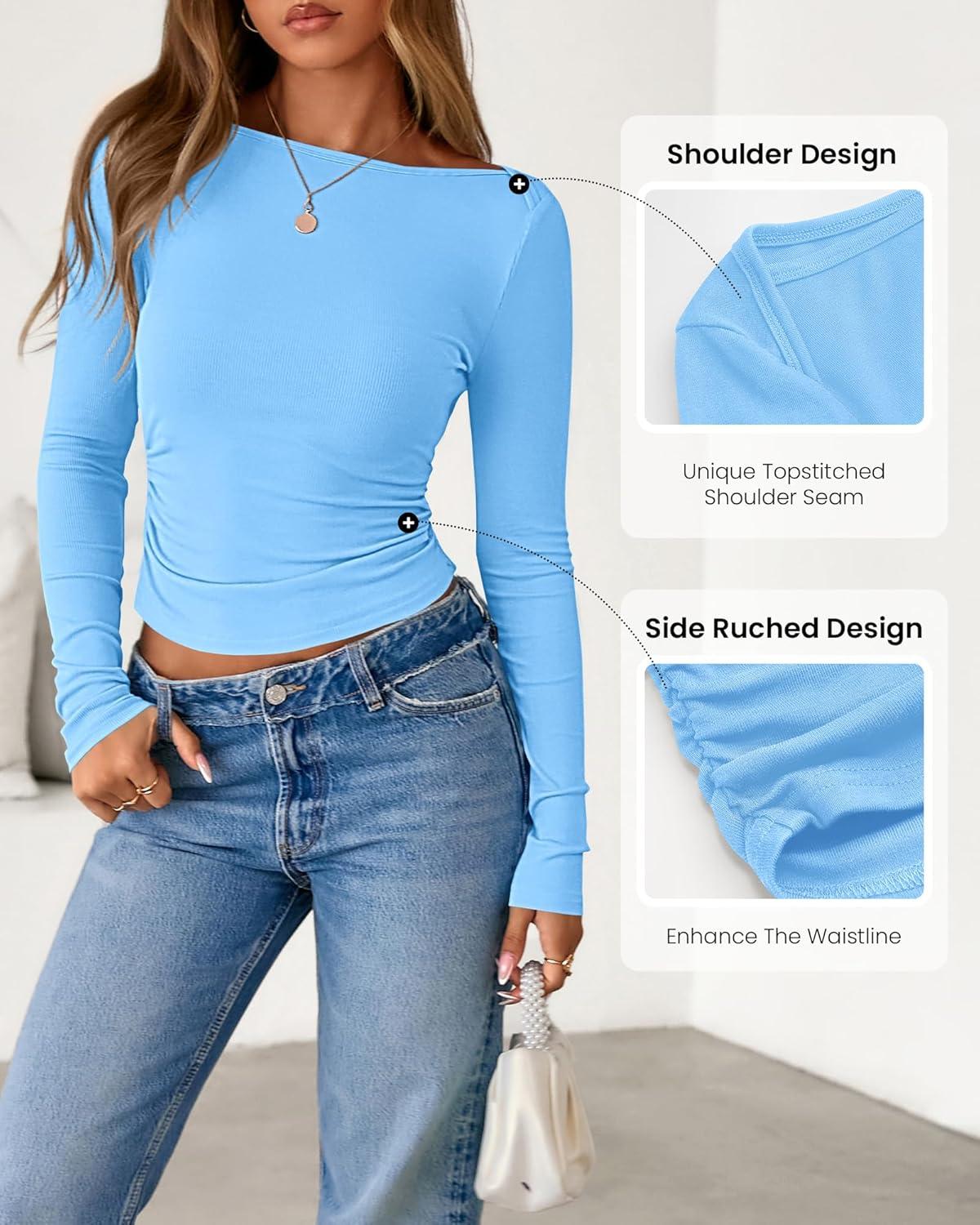 imageBTFBM Womens Long Sleeve T Shirts Spring Clothes 2026 Ribbed Slim Fit Boat Neck Casual Going Out Tops Workout OutfitsLight Blue