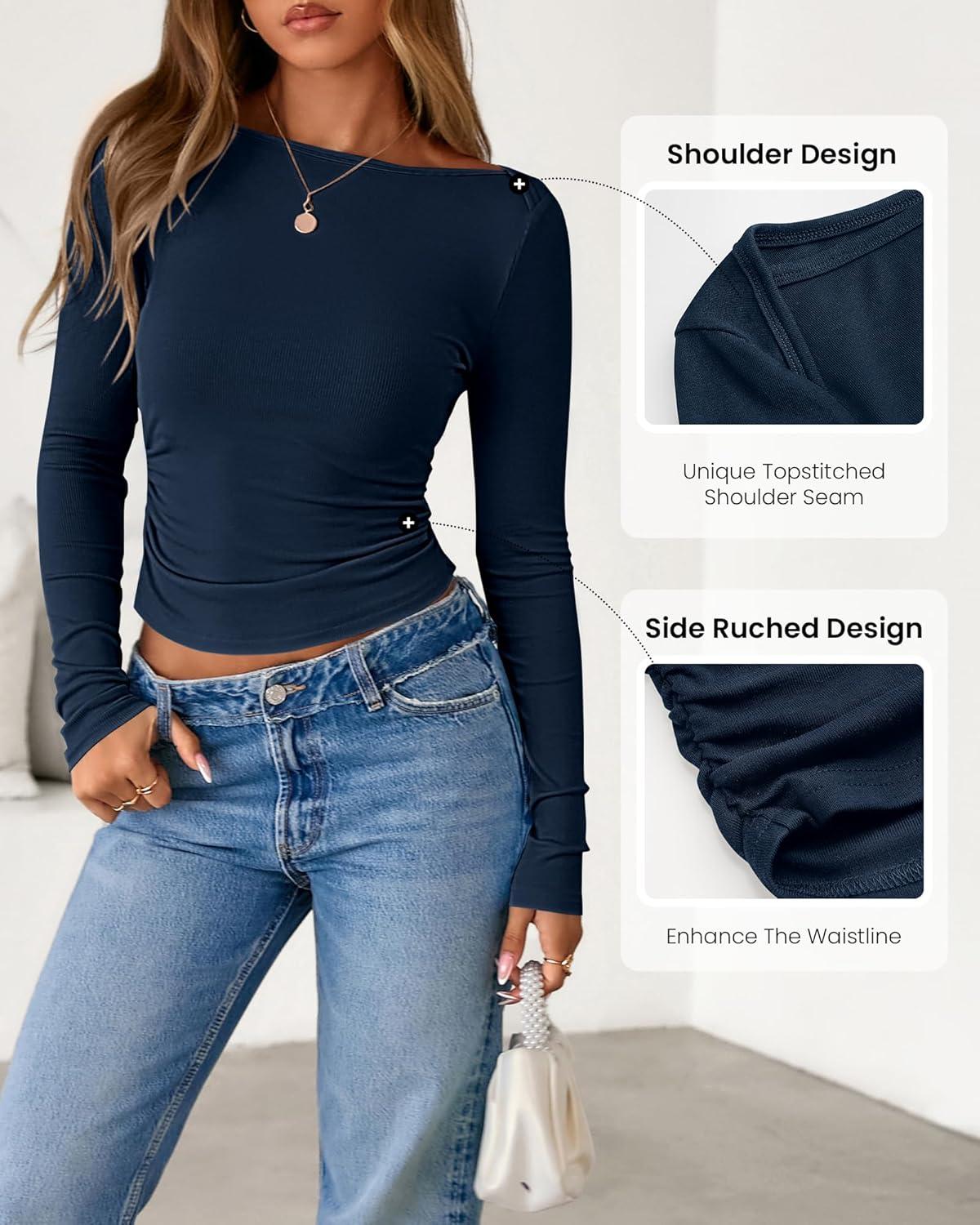 imageBTFBM Womens Long Sleeve T Shirts Spring Clothes 2026 Ribbed Slim Fit Boat Neck Casual Going Out Tops Workout OutfitsNavy Blue
