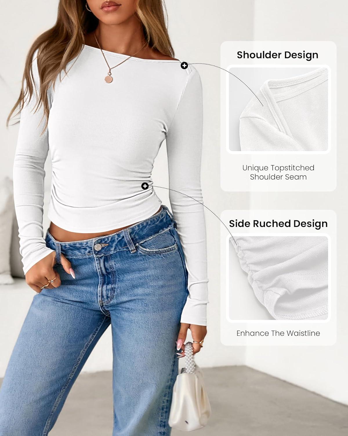 imageBTFBM Womens Long Sleeve T Shirts Spring Clothes 2026 Ribbed Slim Fit Boat Neck Casual Going Out Tops Workout OutfitsWhite