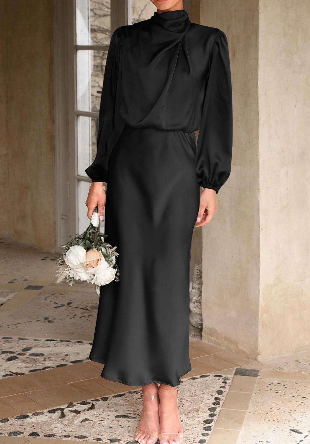 imageBTFBM Womens Mock Neck Satin Dress Spring Summer 2026 Long Sleeve Lightweight Formal Wedding Party Maxi Cocktail DressesBlack