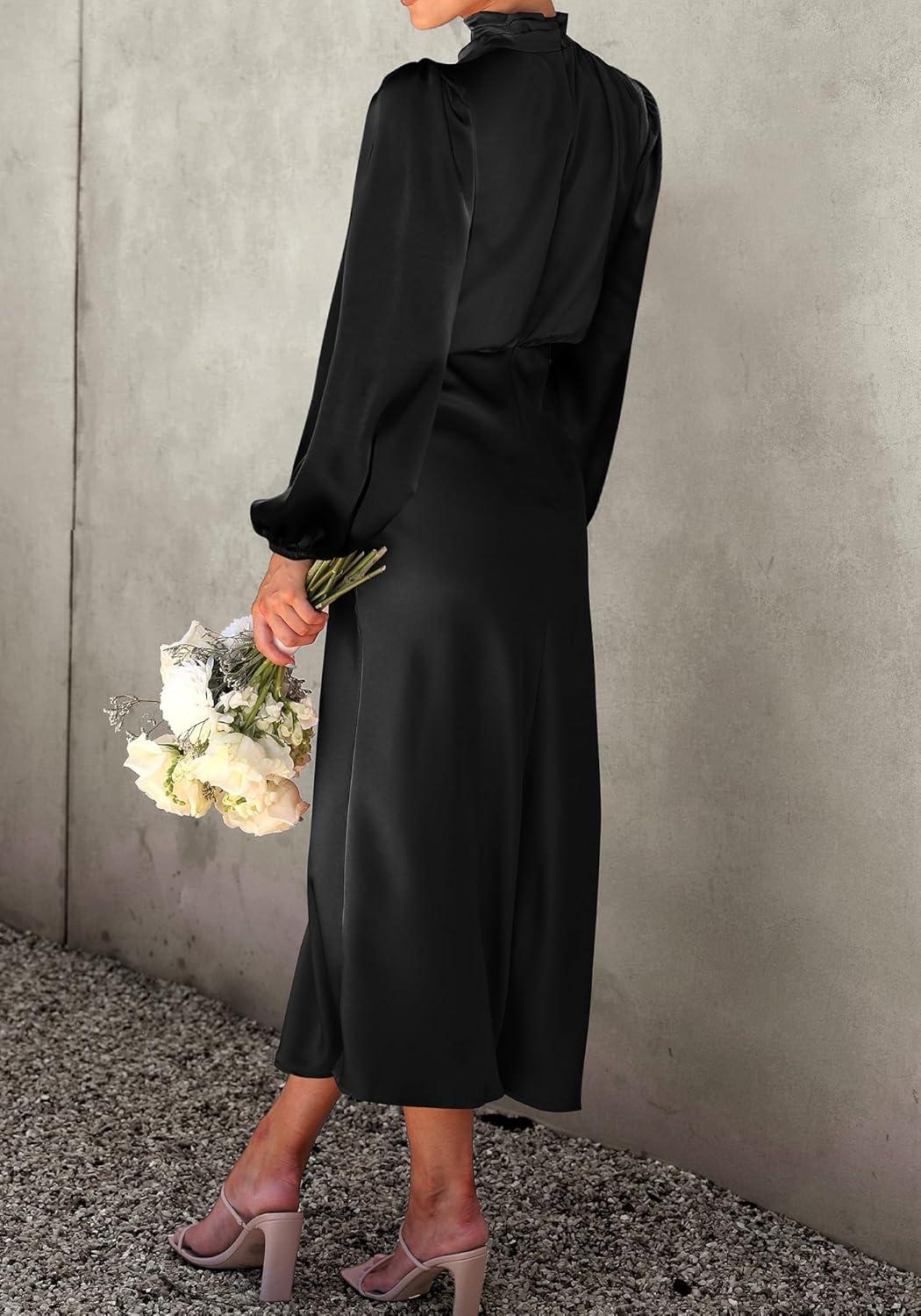 imageBTFBM Womens Mock Neck Satin Dress Spring Summer 2026 Long Sleeve Lightweight Formal Wedding Party Maxi Cocktail DressesBlack