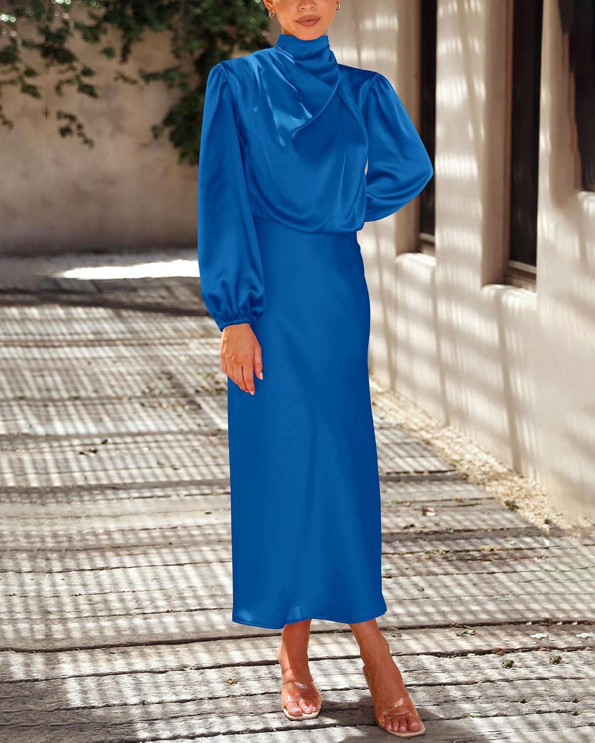 imageBTFBM Womens Mock Neck Satin Dress Spring Summer 2026 Long Sleeve Lightweight Formal Wedding Party Maxi Cocktail DressesBrilliant Blue
