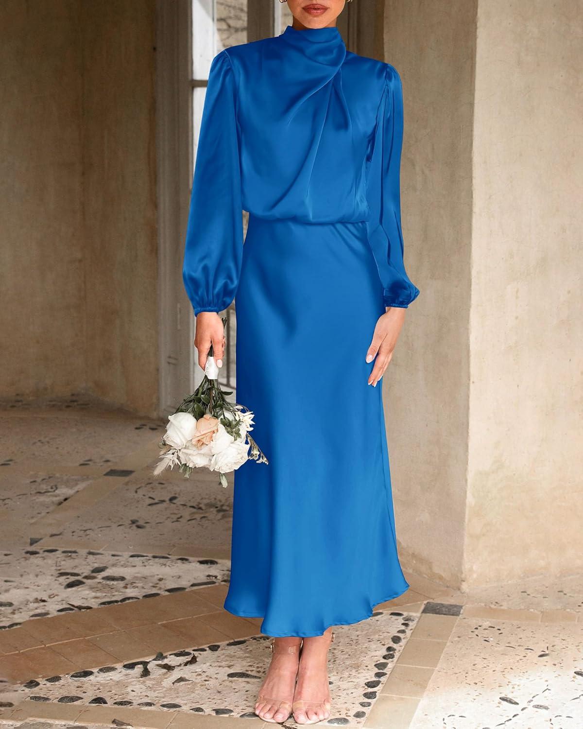 imageBTFBM Womens Mock Neck Satin Dress Spring Summer 2026 Long Sleeve Lightweight Formal Wedding Party Maxi Cocktail DressesBrilliant Blue