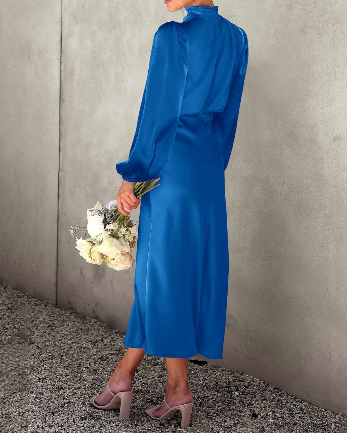 imageBTFBM Womens Mock Neck Satin Dress Spring Summer 2026 Long Sleeve Lightweight Formal Wedding Party Maxi Cocktail DressesBrilliant Blue