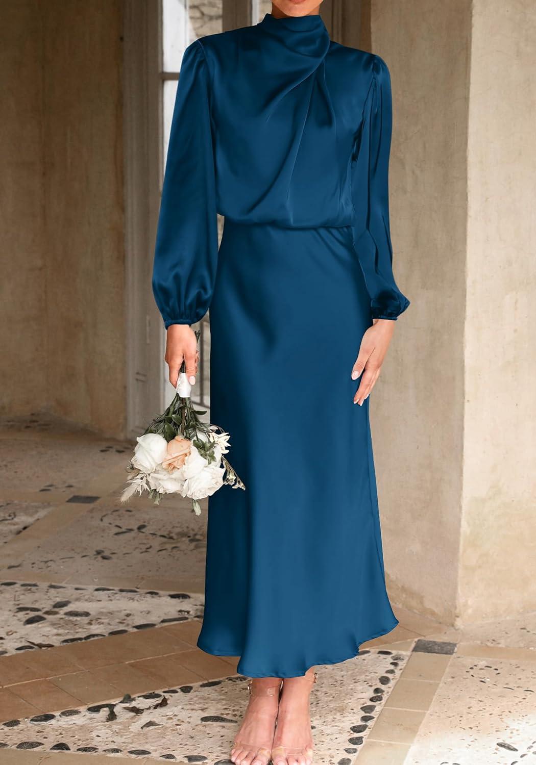 imageBTFBM Womens Mock Neck Satin Dress Spring Summer 2026 Long Sleeve Lightweight Formal Wedding Party Maxi Cocktail DressesDark Blue