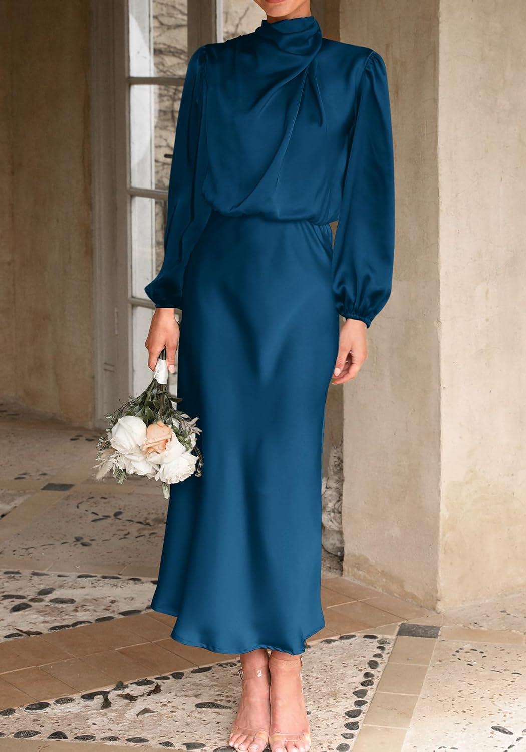 imageBTFBM Womens Mock Neck Satin Dress Spring Summer 2026 Long Sleeve Lightweight Formal Wedding Party Maxi Cocktail DressesDark Blue