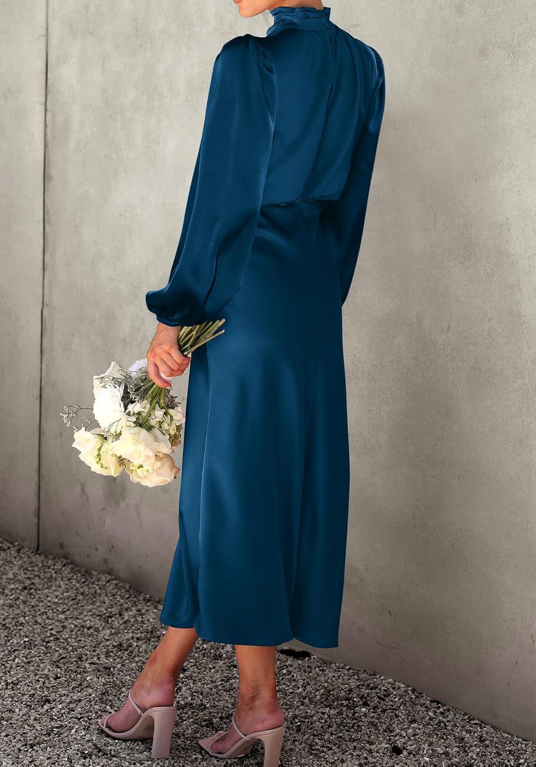 imageBTFBM Womens Mock Neck Satin Dress Spring Summer 2026 Long Sleeve Lightweight Formal Wedding Party Maxi Cocktail DressesDark Blue