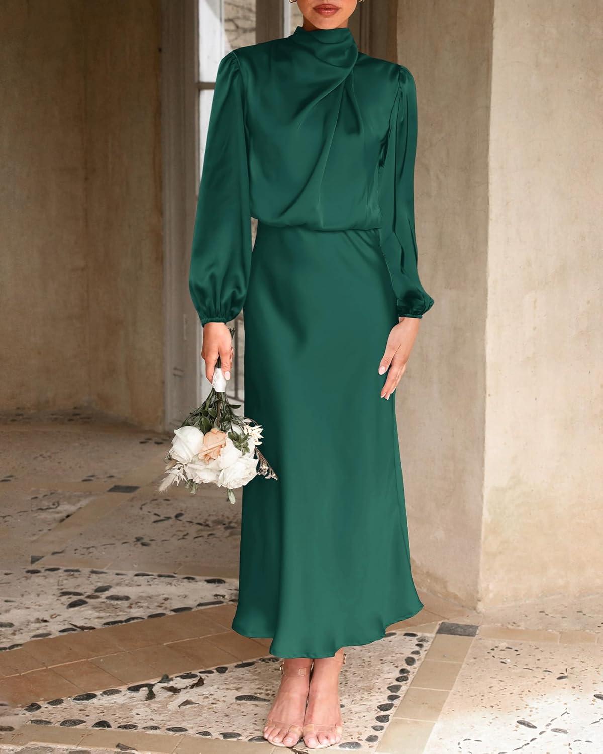imageBTFBM Womens Mock Neck Satin Dress Spring Summer 2026 Long Sleeve Lightweight Formal Wedding Party Maxi Cocktail DressesDark Green