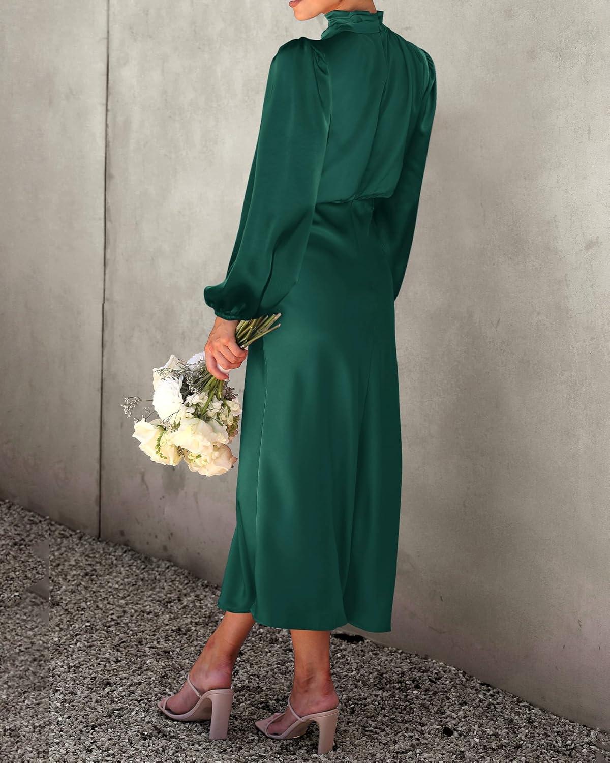 imageBTFBM Womens Mock Neck Satin Dress Spring Summer 2026 Long Sleeve Lightweight Formal Wedding Party Maxi Cocktail DressesDark Green