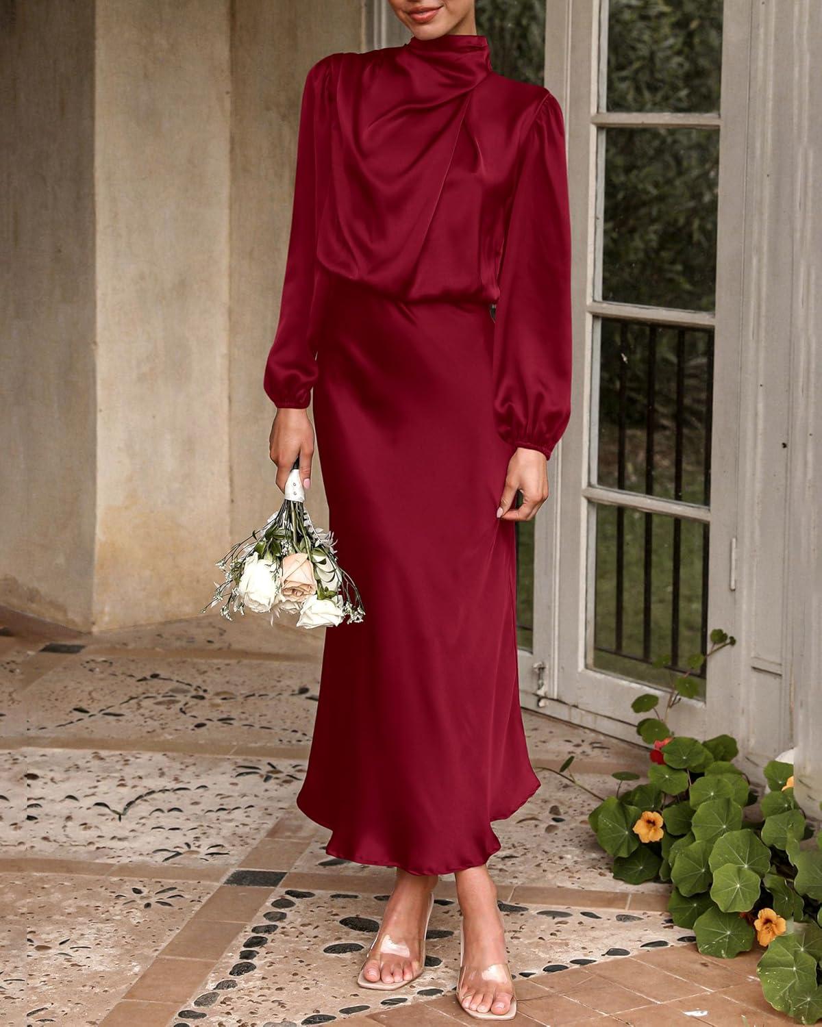 imageBTFBM Womens Mock Neck Satin Dress Spring Summer 2026 Long Sleeve Lightweight Formal Wedding Party Maxi Cocktail DressesDeep Red