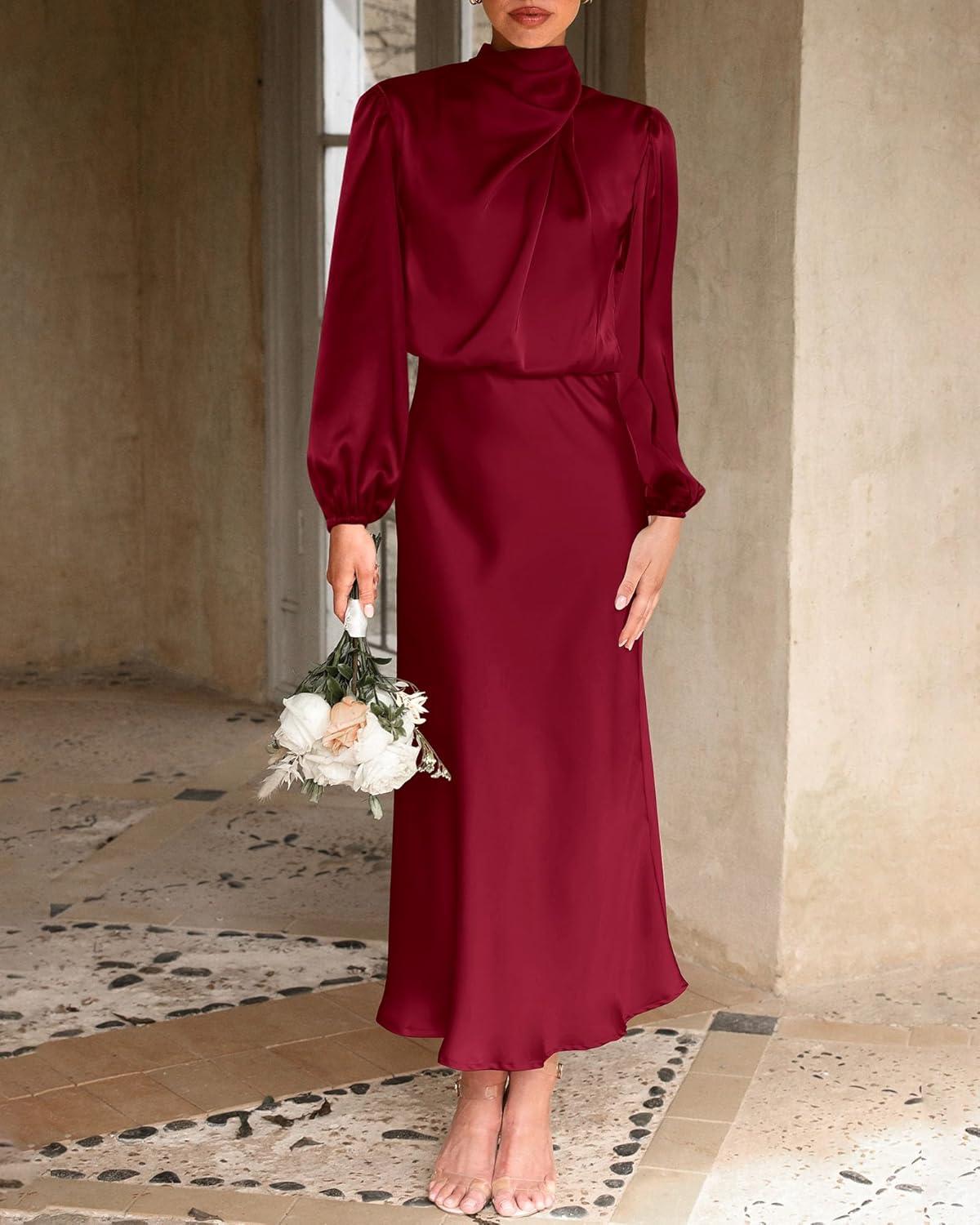 imageBTFBM Womens Mock Neck Satin Dress Spring Summer 2026 Long Sleeve Lightweight Formal Wedding Party Maxi Cocktail DressesDeep Red