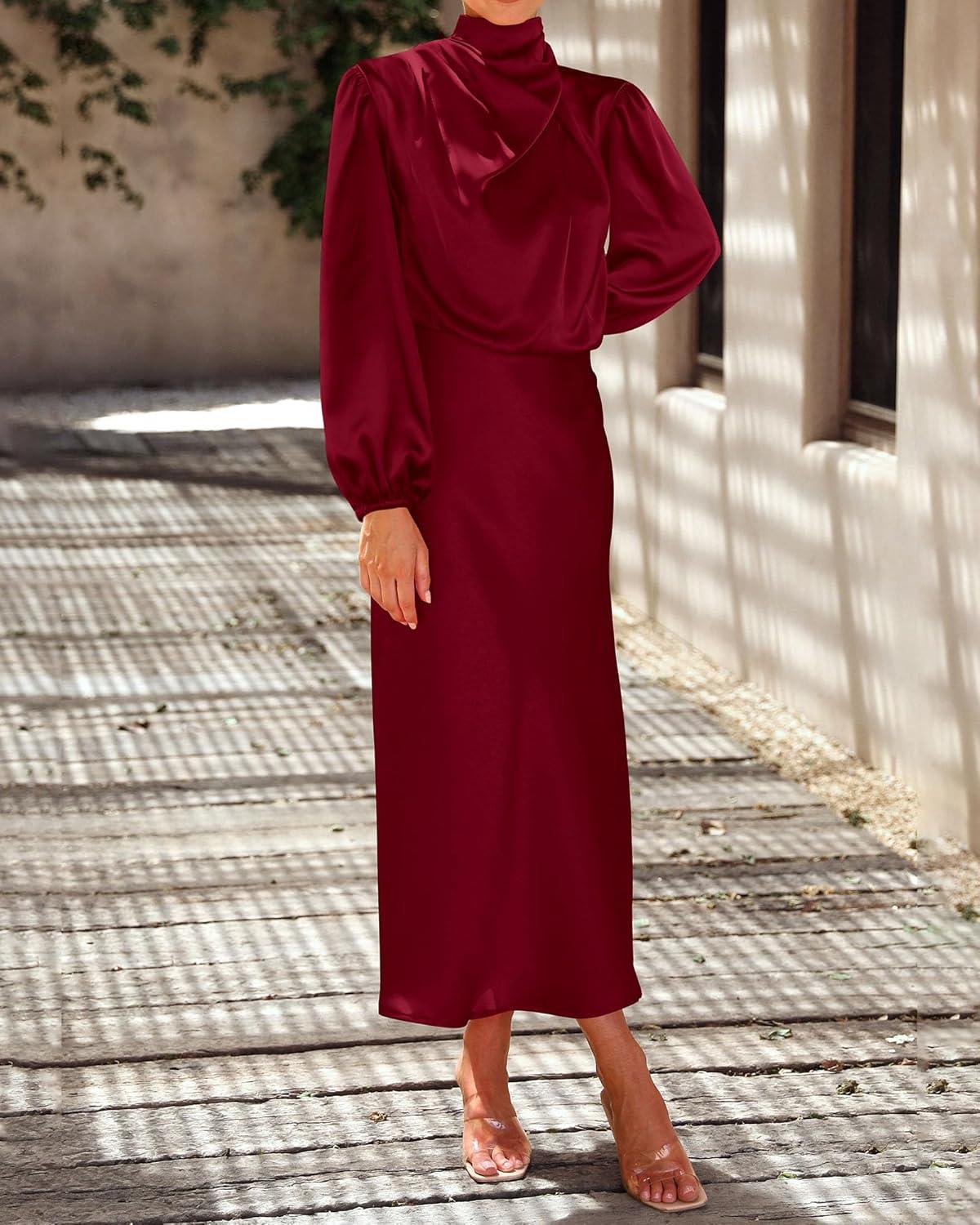 imageBTFBM Womens Mock Neck Satin Dress Spring Summer 2026 Long Sleeve Lightweight Formal Wedding Party Maxi Cocktail DressesDeep Red