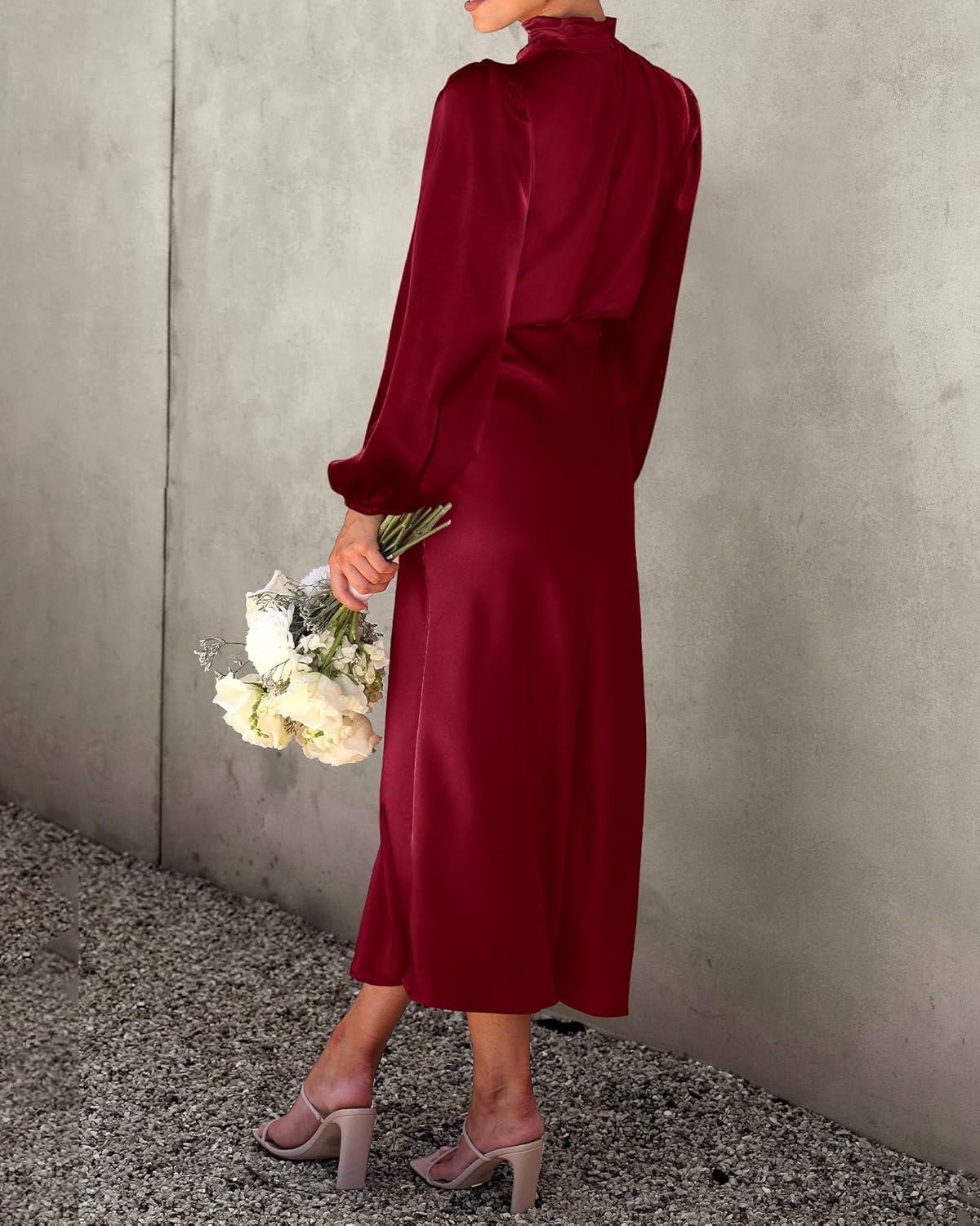 imageBTFBM Womens Mock Neck Satin Dress Spring Summer 2026 Long Sleeve Lightweight Formal Wedding Party Maxi Cocktail DressesDeep Red