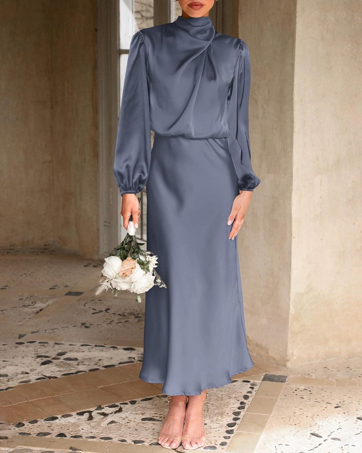 imageBTFBM Womens Mock Neck Satin Dress Spring Summer 2026 Long Sleeve Lightweight Formal Wedding Party Maxi Cocktail DressesGrey Blue