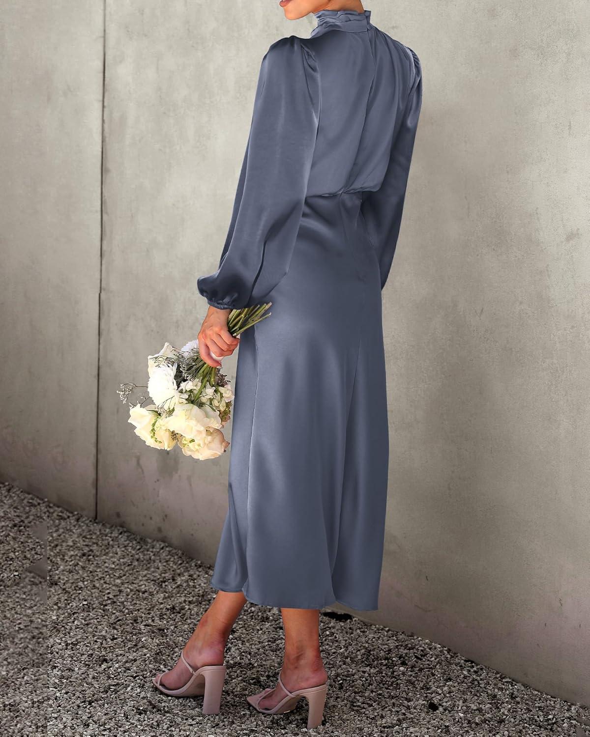 imageBTFBM Womens Mock Neck Satin Dress Spring Summer 2026 Long Sleeve Lightweight Formal Wedding Party Maxi Cocktail DressesGrey Blue