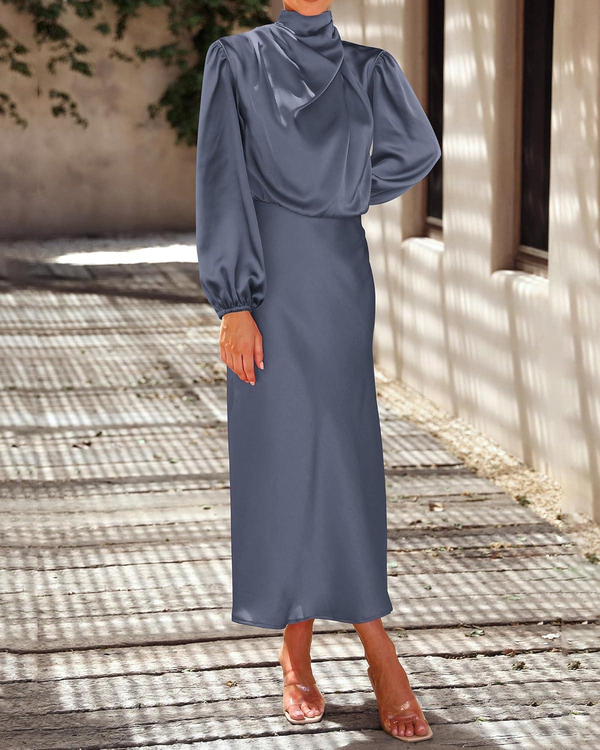 imageBTFBM Womens Mock Neck Satin Dress Spring Summer 2026 Long Sleeve Lightweight Formal Wedding Party Maxi Cocktail DressesGrey Blue