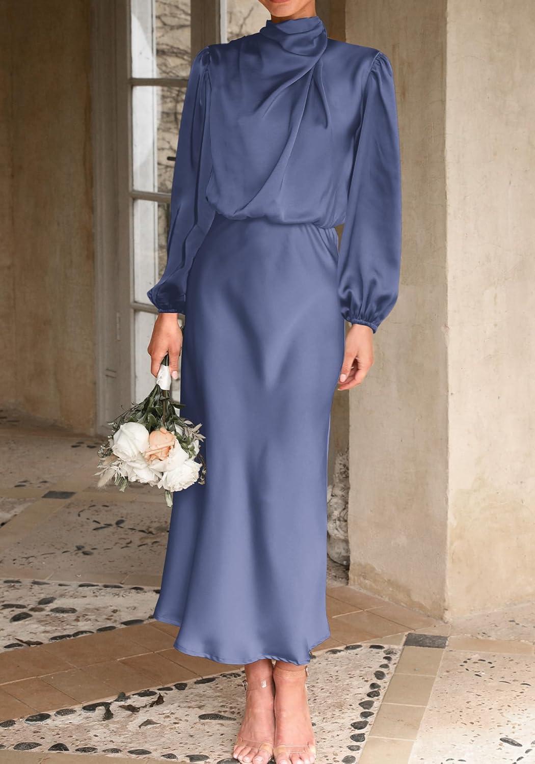 imageBTFBM Womens Mock Neck Satin Dress Spring Summer 2026 Long Sleeve Lightweight Formal Wedding Party Maxi Cocktail DressesGrey Blue