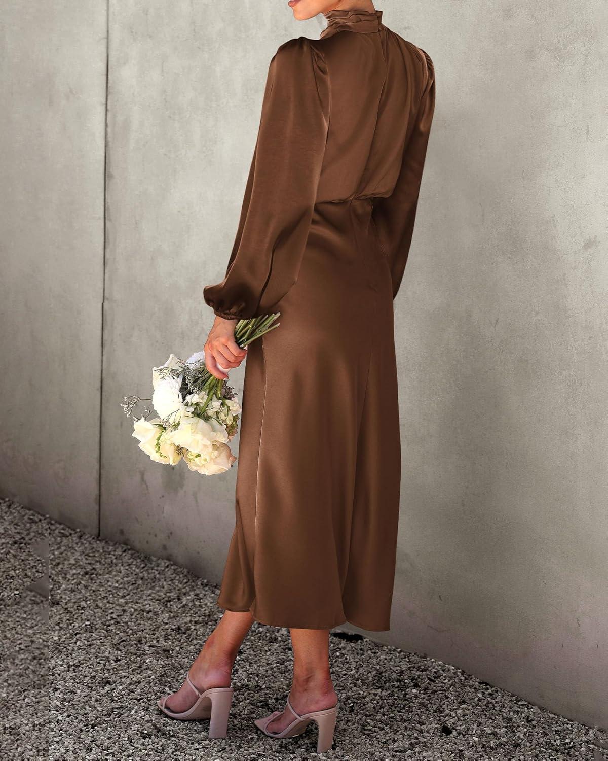 imageBTFBM Womens Mock Neck Satin Dress Spring Summer 2026 Long Sleeve Lightweight Formal Wedding Party Maxi Cocktail DressesKhaki