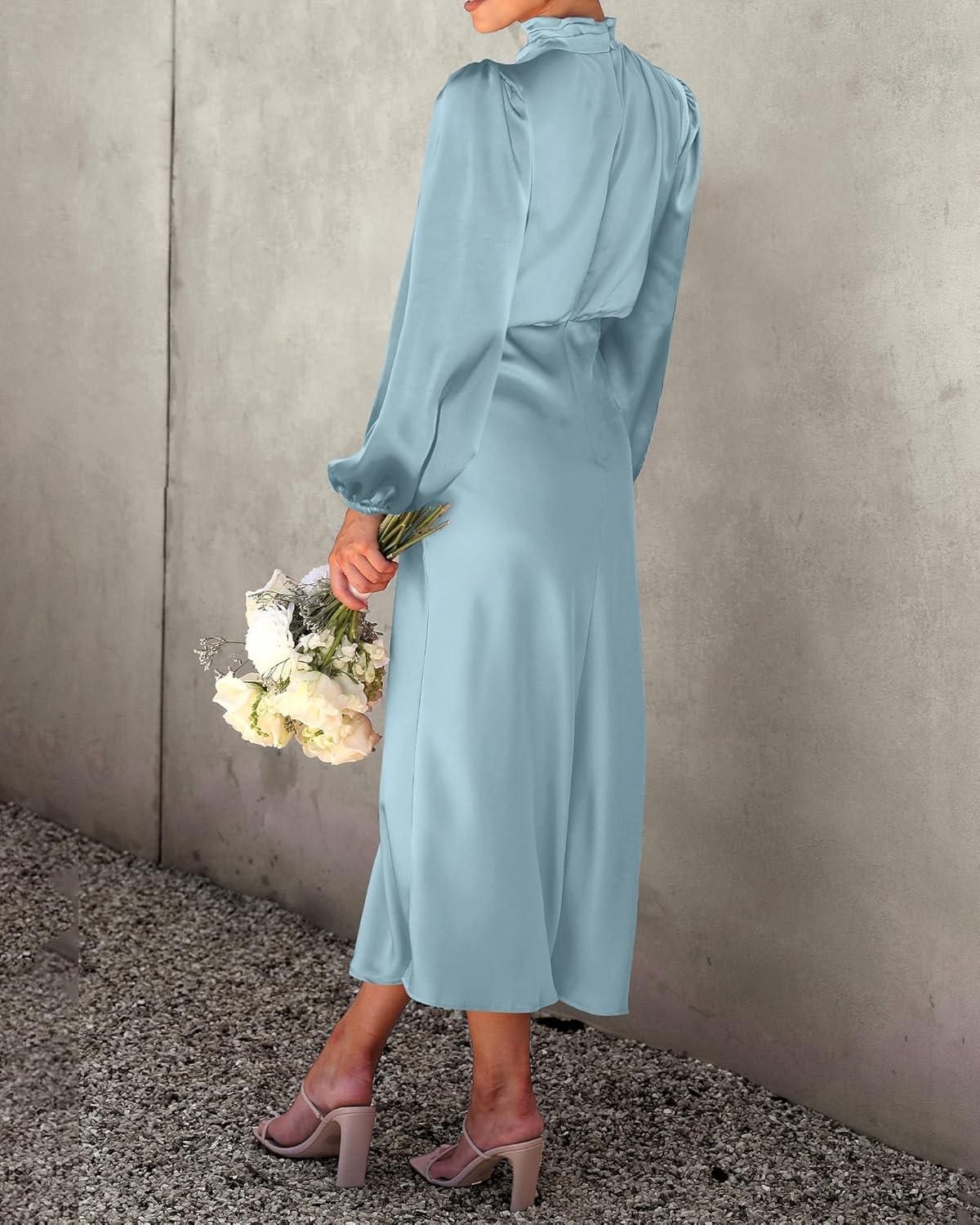 imageBTFBM Womens Mock Neck Satin Dress Spring Summer 2026 Long Sleeve Lightweight Formal Wedding Party Maxi Cocktail DressesLight Blue