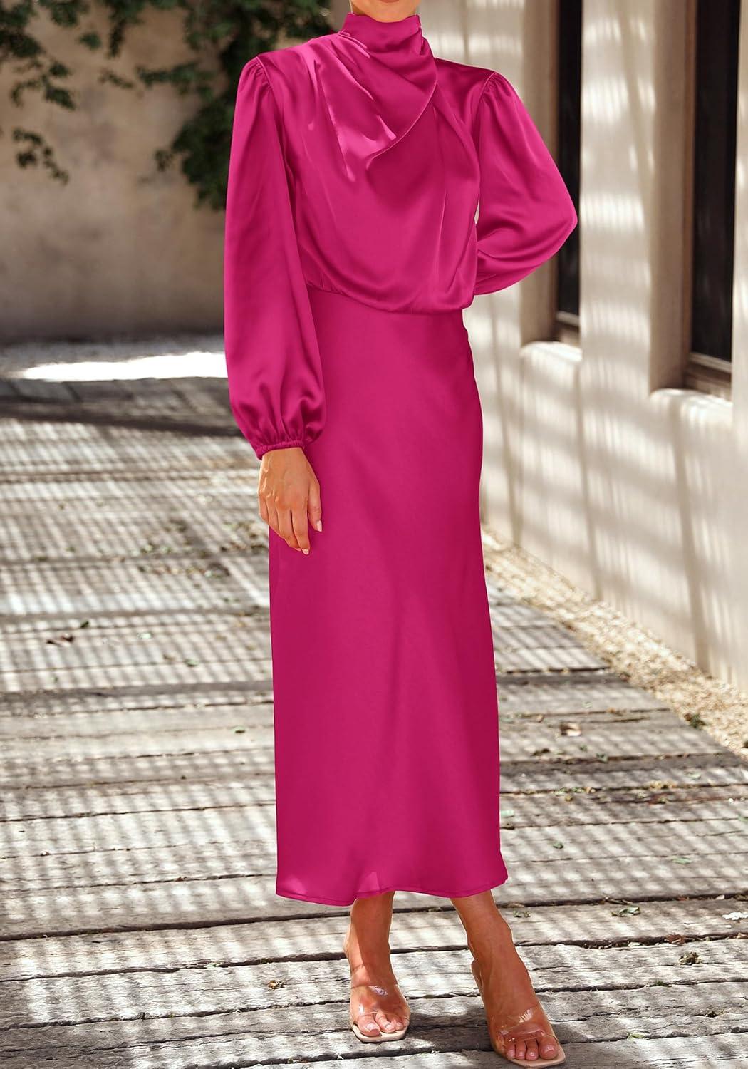 imageBTFBM Womens Mock Neck Satin Dress Spring Summer 2026 Long Sleeve Lightweight Formal Wedding Party Maxi Cocktail DressesRose Red