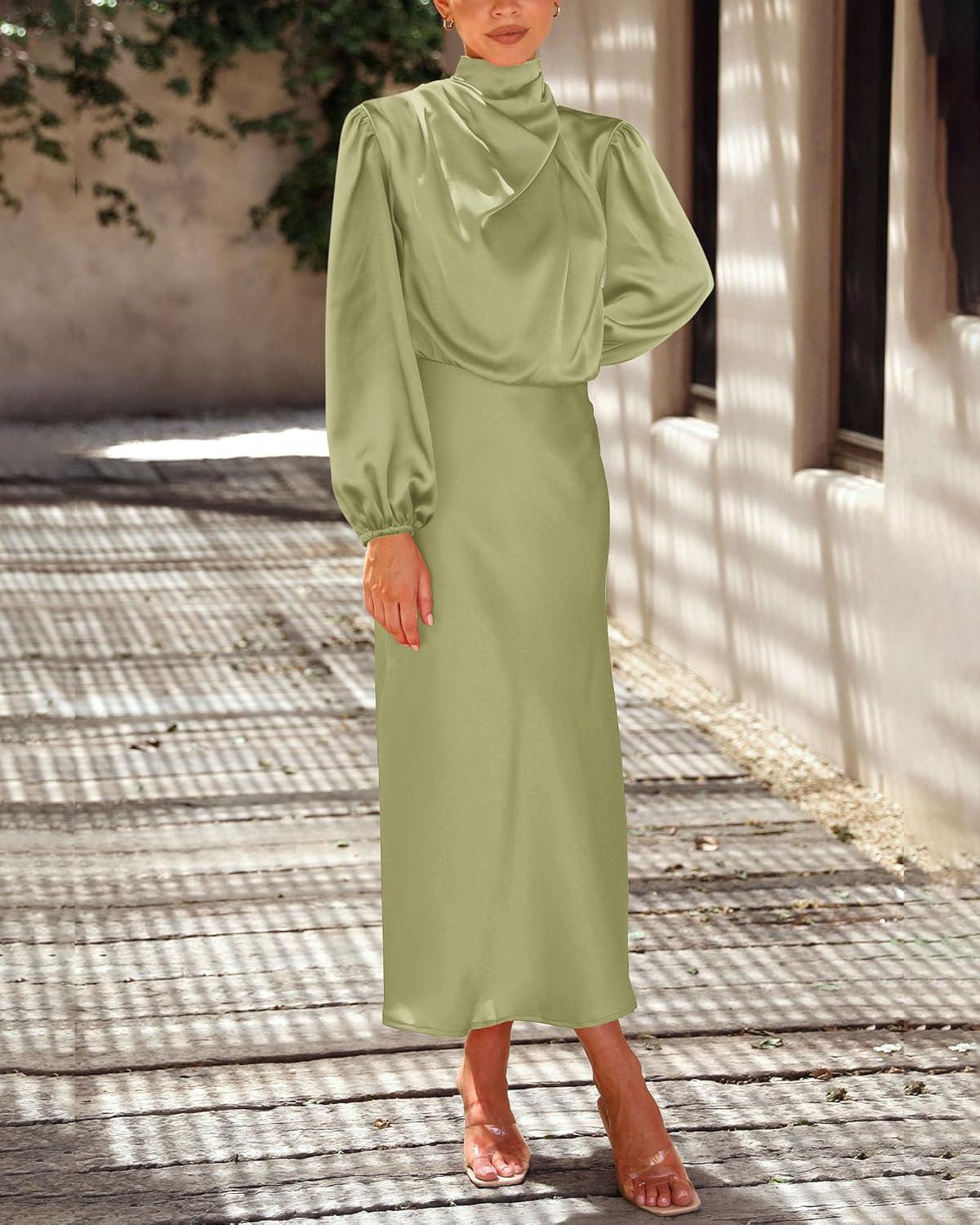 imageBTFBM Womens Mock Neck Satin Dress Spring Summer 2026 Long Sleeve Lightweight Formal Wedding Party Maxi Cocktail DressesTender Green