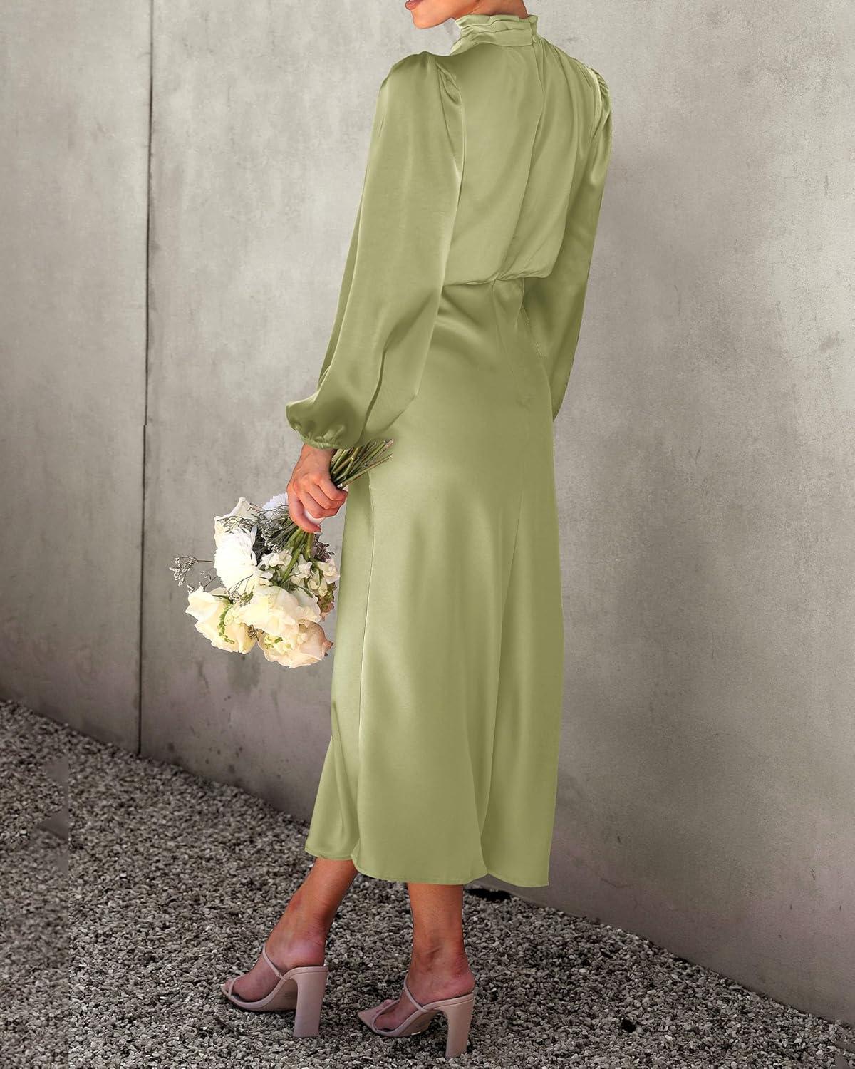 imageBTFBM Womens Mock Neck Satin Dress Spring Summer 2026 Long Sleeve Lightweight Formal Wedding Party Maxi Cocktail DressesTender Green