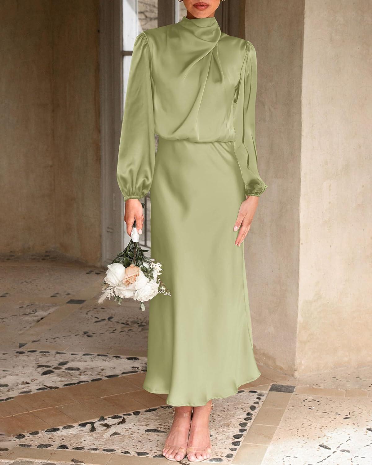 imageBTFBM Womens Mock Neck Satin Dress Spring Summer 2026 Long Sleeve Lightweight Formal Wedding Party Maxi Cocktail DressesTender Green