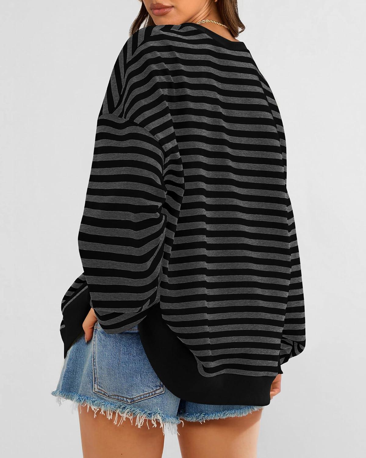 imageBTFBM Womens Oversized Striped Sweatshirt Crewneck Long Sleeve Pullover Top Casual Y2K Spring Clothes 2026 Workout ShirtBlack Dark Grey