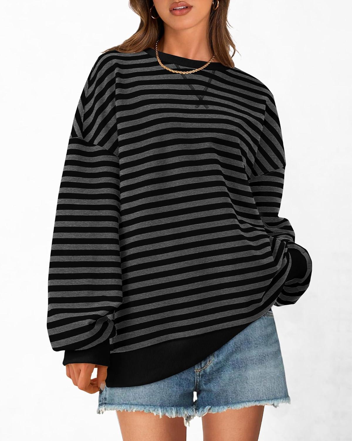 imageBTFBM Womens Oversized Striped Sweatshirt Crewneck Long Sleeve Pullover Top Casual Y2K Spring Clothes 2026 Workout ShirtBlack Dark Grey