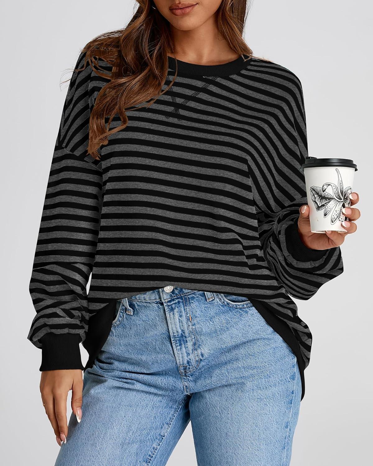 imageBTFBM Womens Oversized Striped Sweatshirt Crewneck Long Sleeve Pullover Top Casual Y2K Spring Clothes 2026 Workout ShirtBlack Dark Grey