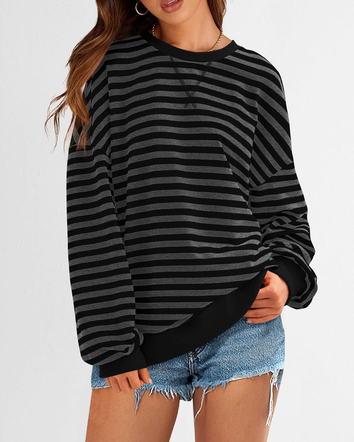 imageBTFBM Womens Oversized Striped Sweatshirt Crewneck Long Sleeve Pullover Top Casual Y2K Spring Clothes 2026 Workout ShirtBlack Dark Grey