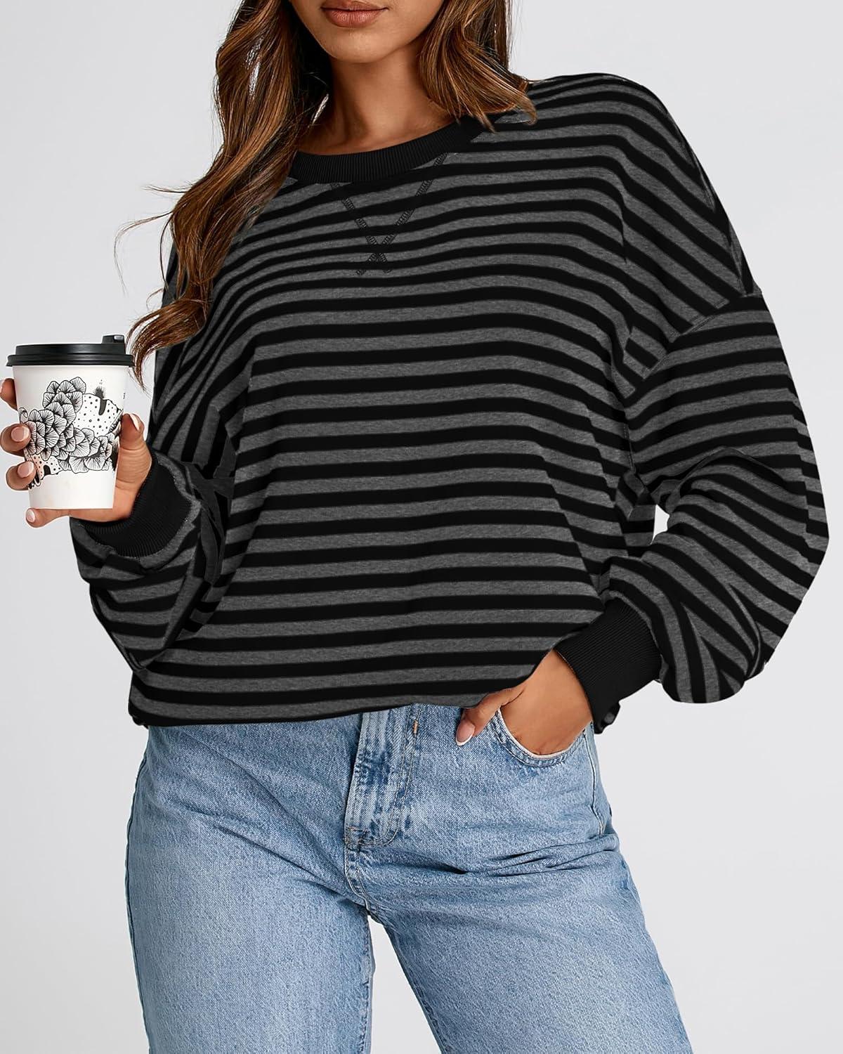 imageBTFBM Womens Oversized Striped Sweatshirt Crewneck Long Sleeve Pullover Top Casual Y2K Spring Clothes 2026 Workout ShirtBlack Dark Grey