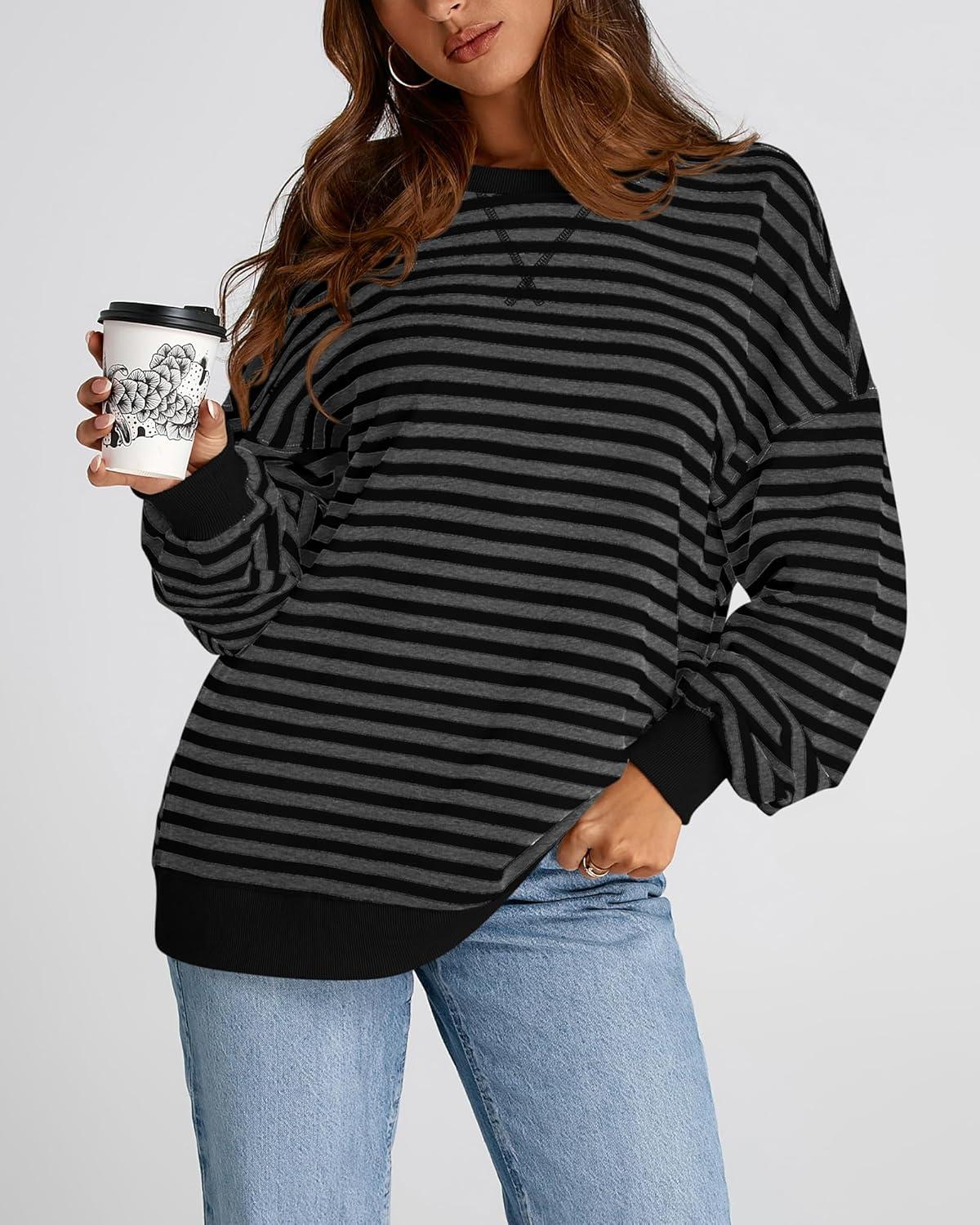 imageBTFBM Womens Oversized Striped Sweatshirt Crewneck Long Sleeve Pullover Top Casual Y2K Spring Clothes 2026 Workout ShirtBlack Dark Grey