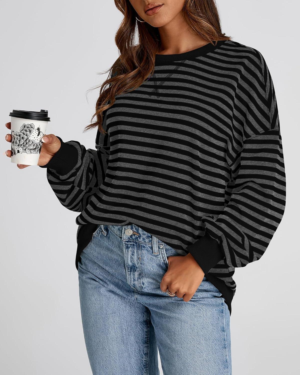 imageBTFBM Womens Oversized Striped Sweatshirt Crewneck Long Sleeve Pullover Top Casual Y2K Spring Clothes 2026 Workout ShirtBlack Dark Grey