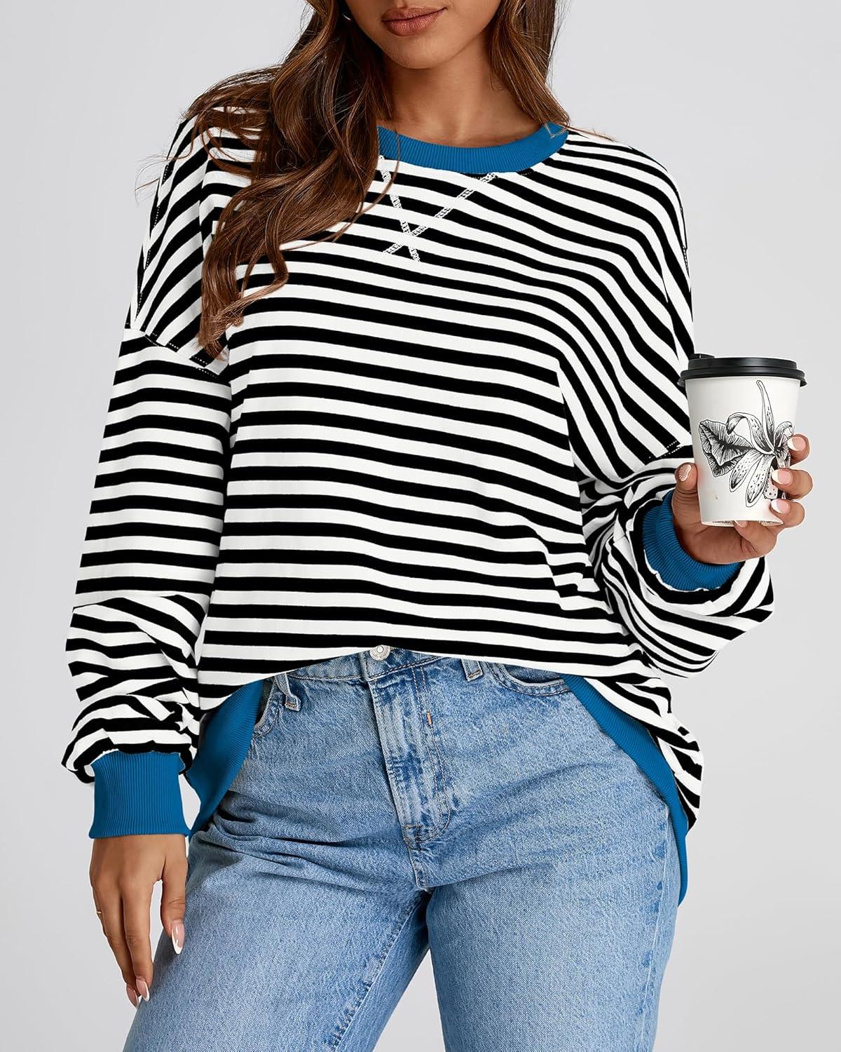 imageBTFBM Womens Oversized Striped Sweatshirt Crewneck Long Sleeve Pullover Top Casual Y2K Spring Clothes 2026 Workout ShirtBlack White