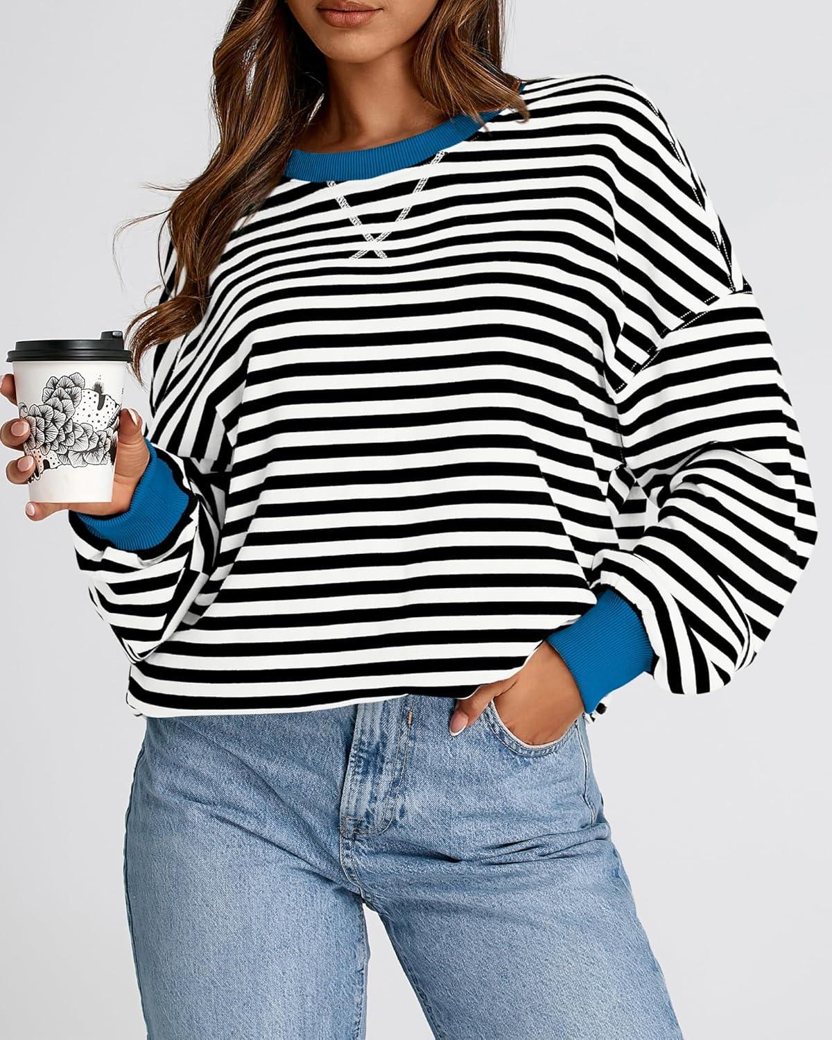 imageBTFBM Womens Oversized Striped Sweatshirt Crewneck Long Sleeve Pullover Top Casual Y2K Spring Clothes 2026 Workout ShirtBlack White