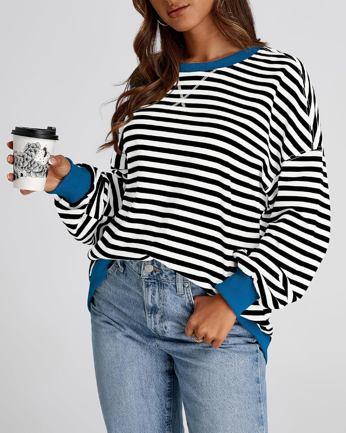 imageBTFBM Womens Oversized Striped Sweatshirt Crewneck Long Sleeve Pullover Top Casual Y2K Spring Clothes 2026 Workout ShirtBlack White